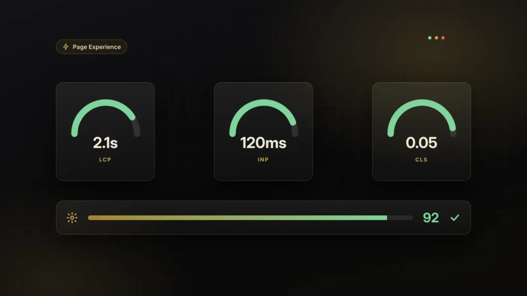 Core Web Vitals: three performance gauges showing good LCP, INP and CLS scores with an overall page experience score of 92