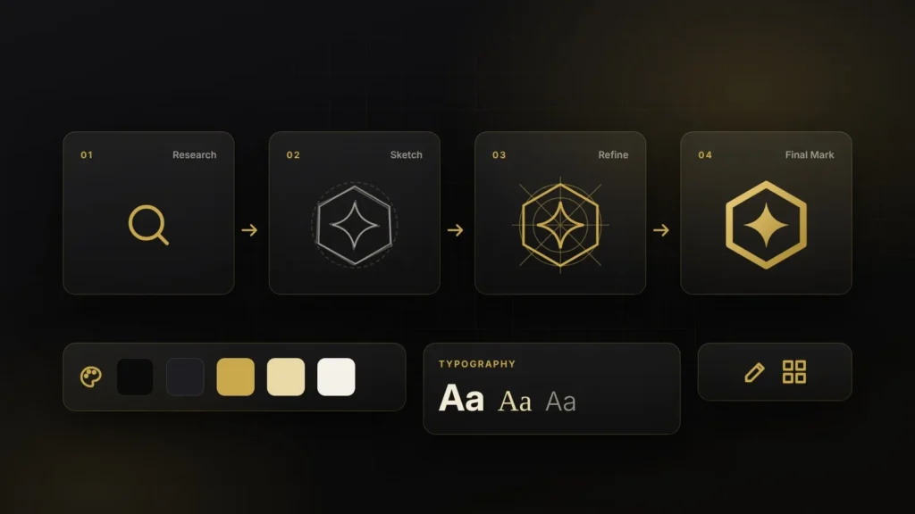 Four-step logo design process from research and sketching to geometric refinement and final mark, with colour palette and typography